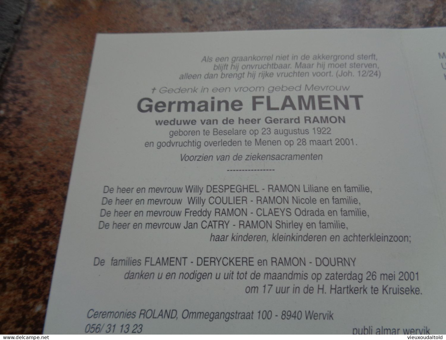 Doodsprentje/Bidprentje  Germaine FLAMENT   Beselare 1922-2001 Menen  (Wwe Gerard RAMON) - Religion & Esotericism