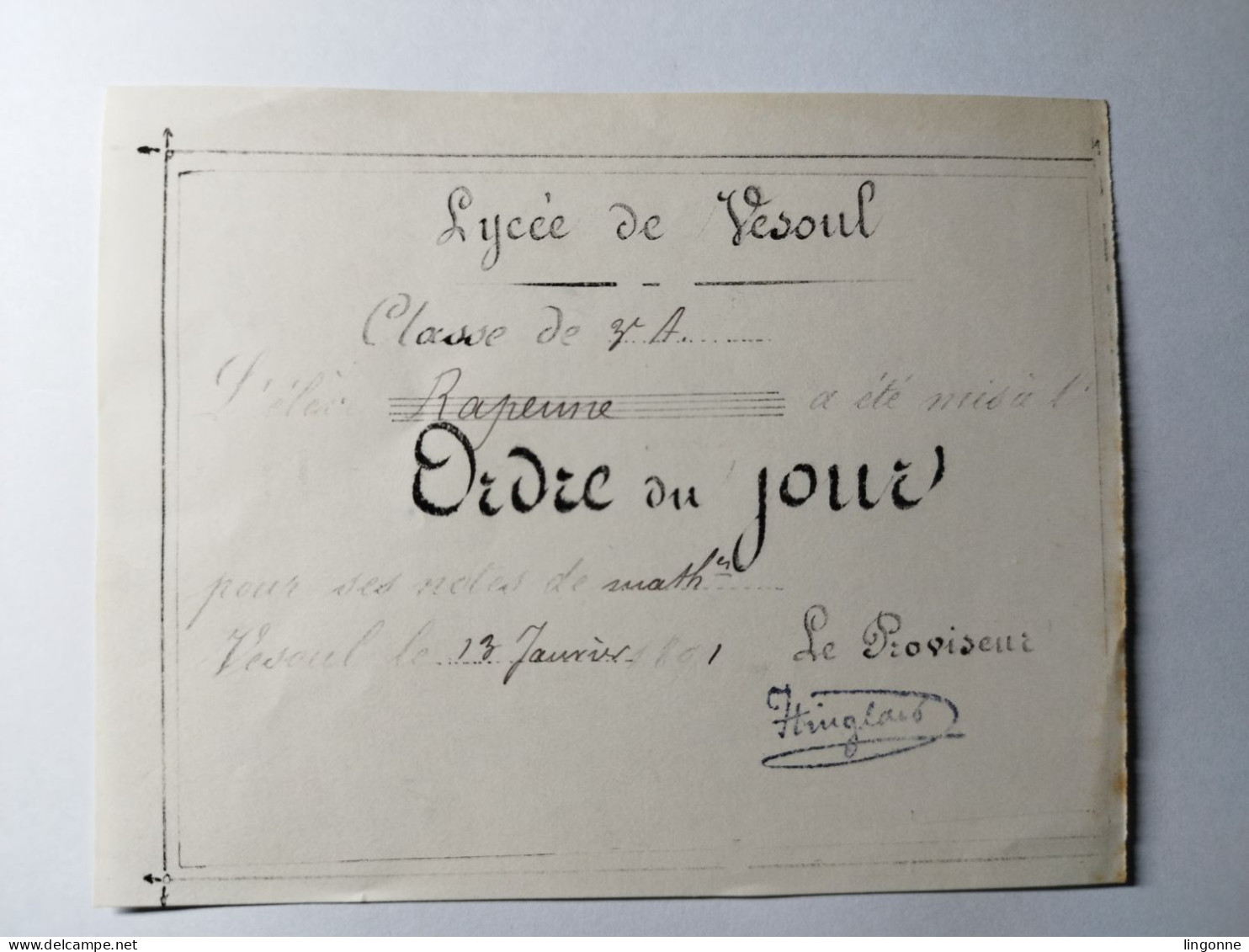 1891 ORDRE DU JOUR Lycée De VESOUL (Haute-Saône 70) élève RAPENNE - Diplomas Y Calificaciones Escolares