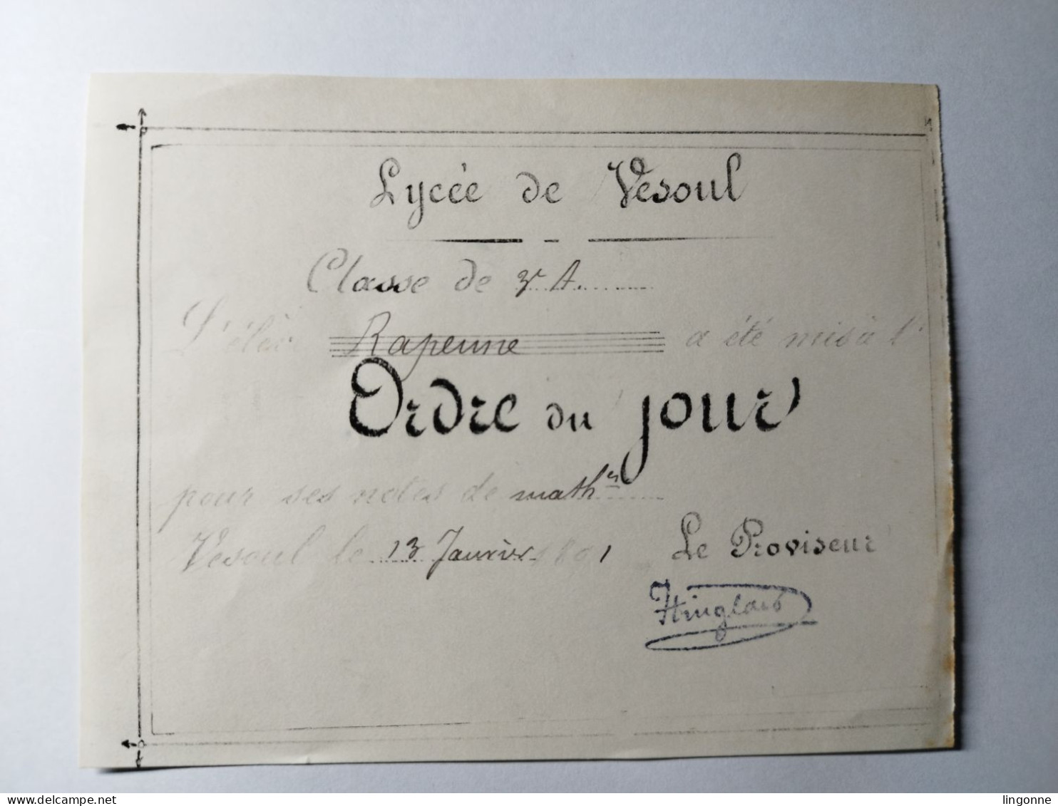 1891 ORDRE DU JOUR Lycée De VESOUL (Haute-Saône 70) élève RAPENNE - Diploma's En Schoolrapporten