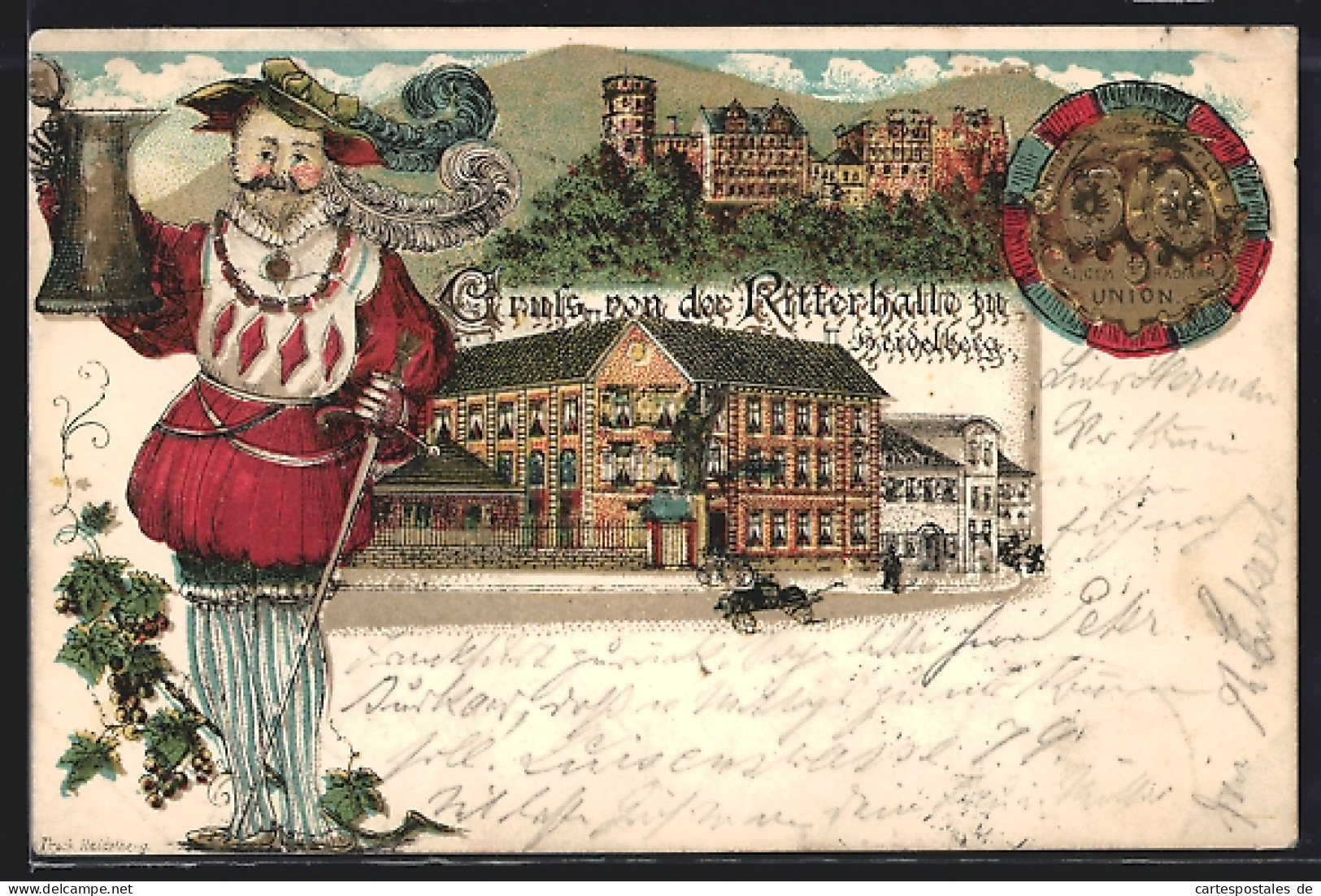 Lithographie Heidelberg / Neckar, Ritterhalle, Allgem. Radfahr-Union  - Heidelberg