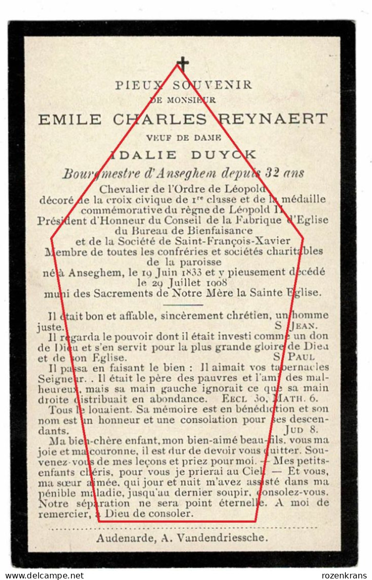 Emile Reynaert Idalie Duyck Burgemeester Anzegem Anseghem 1908 ZELDZAAM Bidprentje Doodsprentje - Obituary Notices