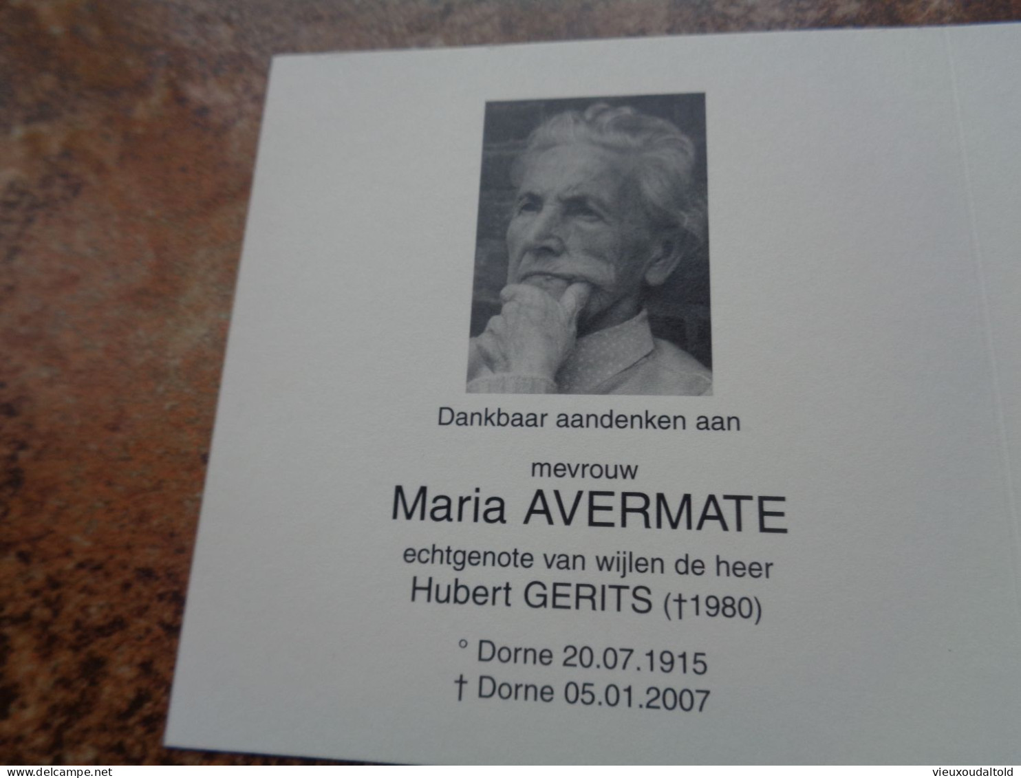 Doodsprentje/Bidprentje  Maria AVERMATE  Dorne 1915-2007   (Wwe Hubert GERITS) - Godsdienst & Esoterisme