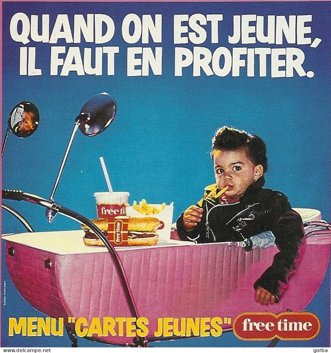 CPM Pub - Menu "Cartes Jeunes" FREE TIME - Quand On Est Jeune Il Faut En Profiter - Enfant Dans Landau Hamburger (A 15) - Publicité