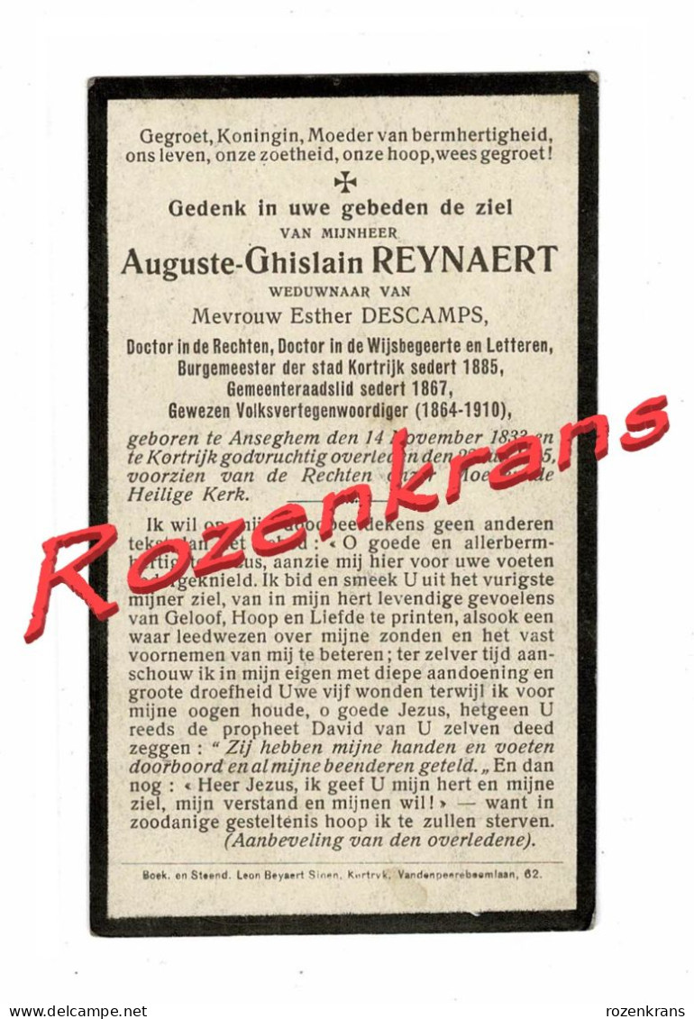 Auguste Reynaert Esther Descamps Burgemeester Kortrijk Volksvertegenwoordiger Anzegem ZELDZAAM Bidprentje Doodsprentje - Décès