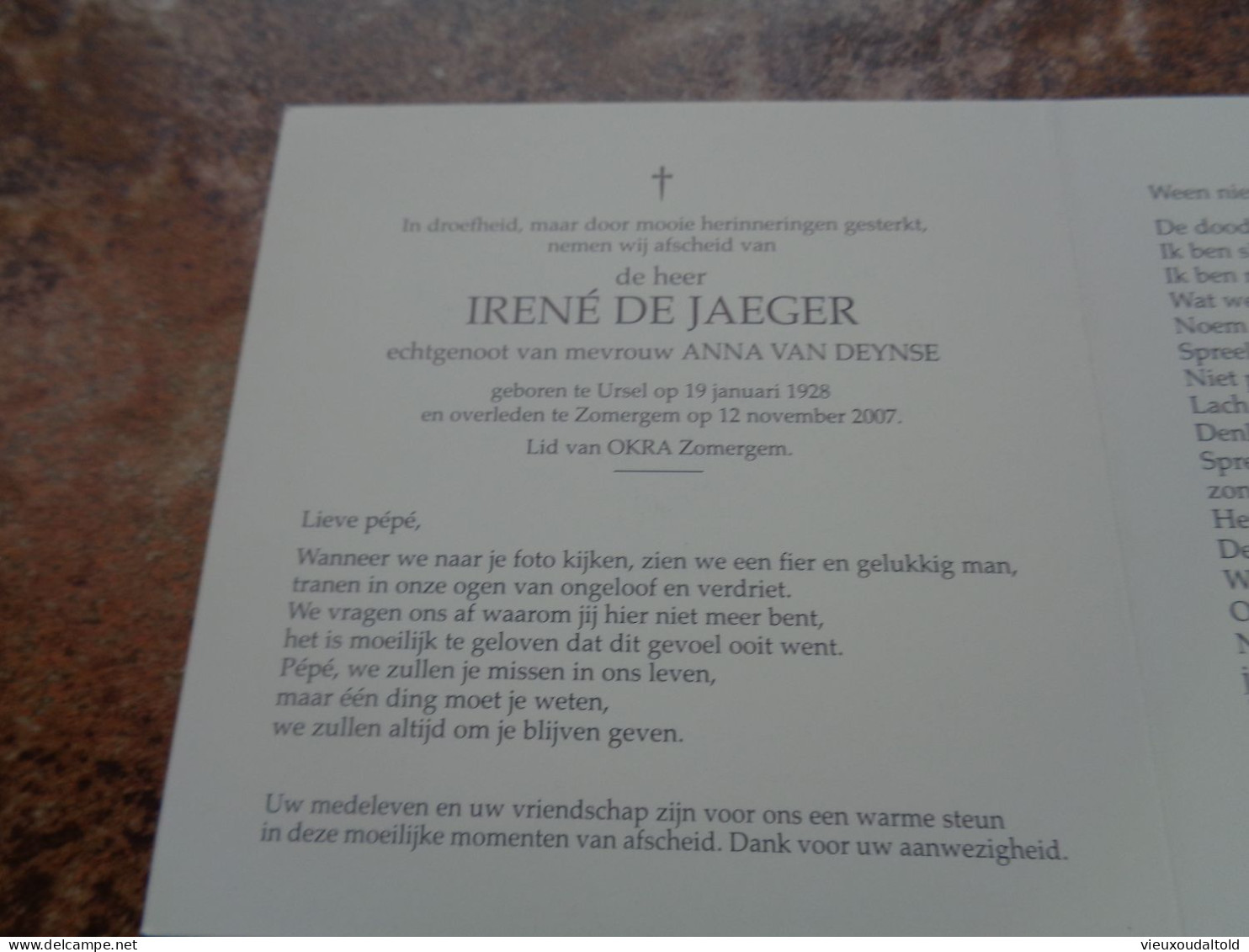 Doodsprentje/Bidprentje  IRENÉ DE JAEGER   Ursel 1928-2007 Zomergem  (Echtg Anna VAN DEYNSE) - Religion & Esotericism