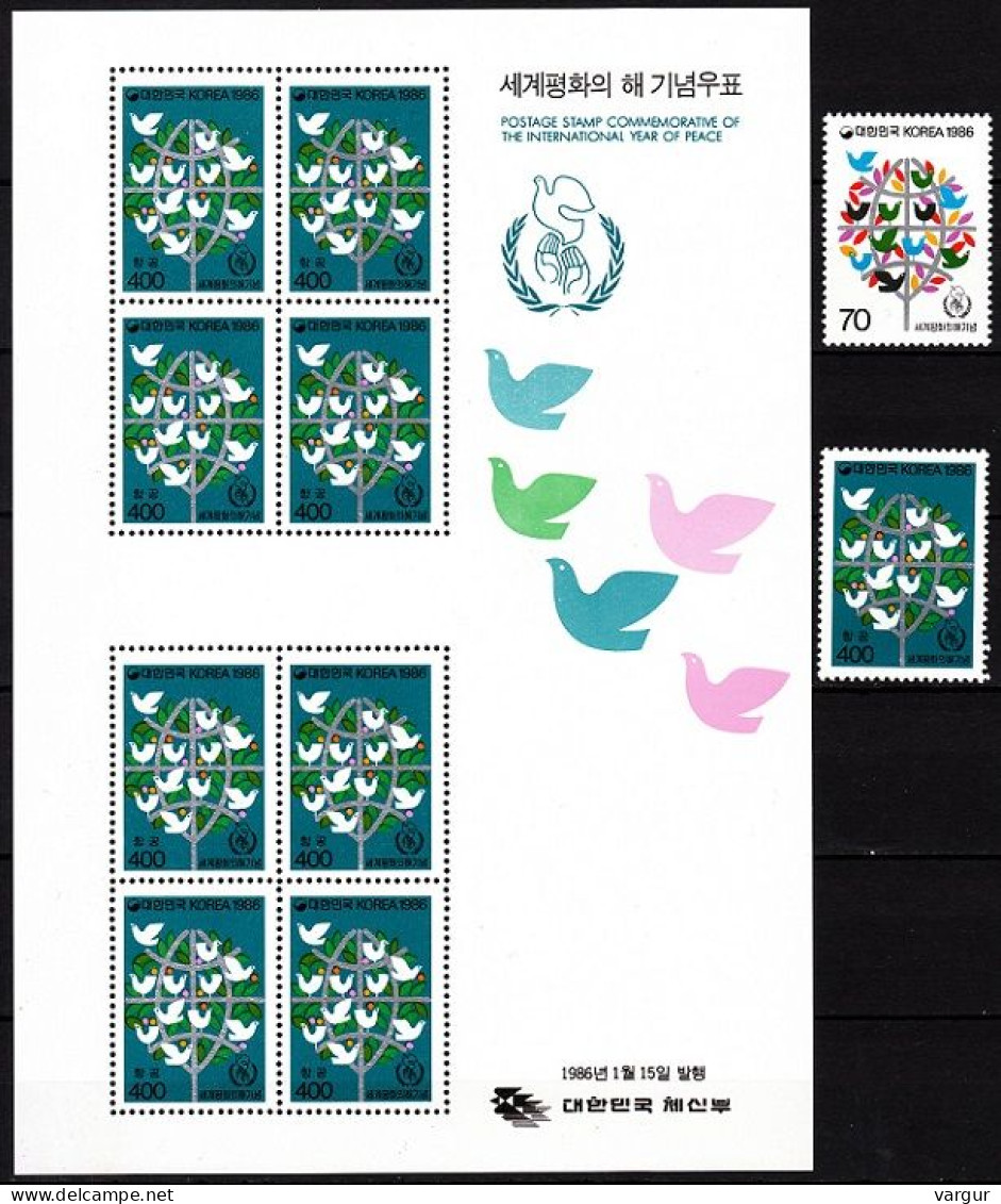 KOREA SOUTH 1986 International Year Of Peace. Set And MINI-SHEET, MNH - Pigeons & Columbiformes