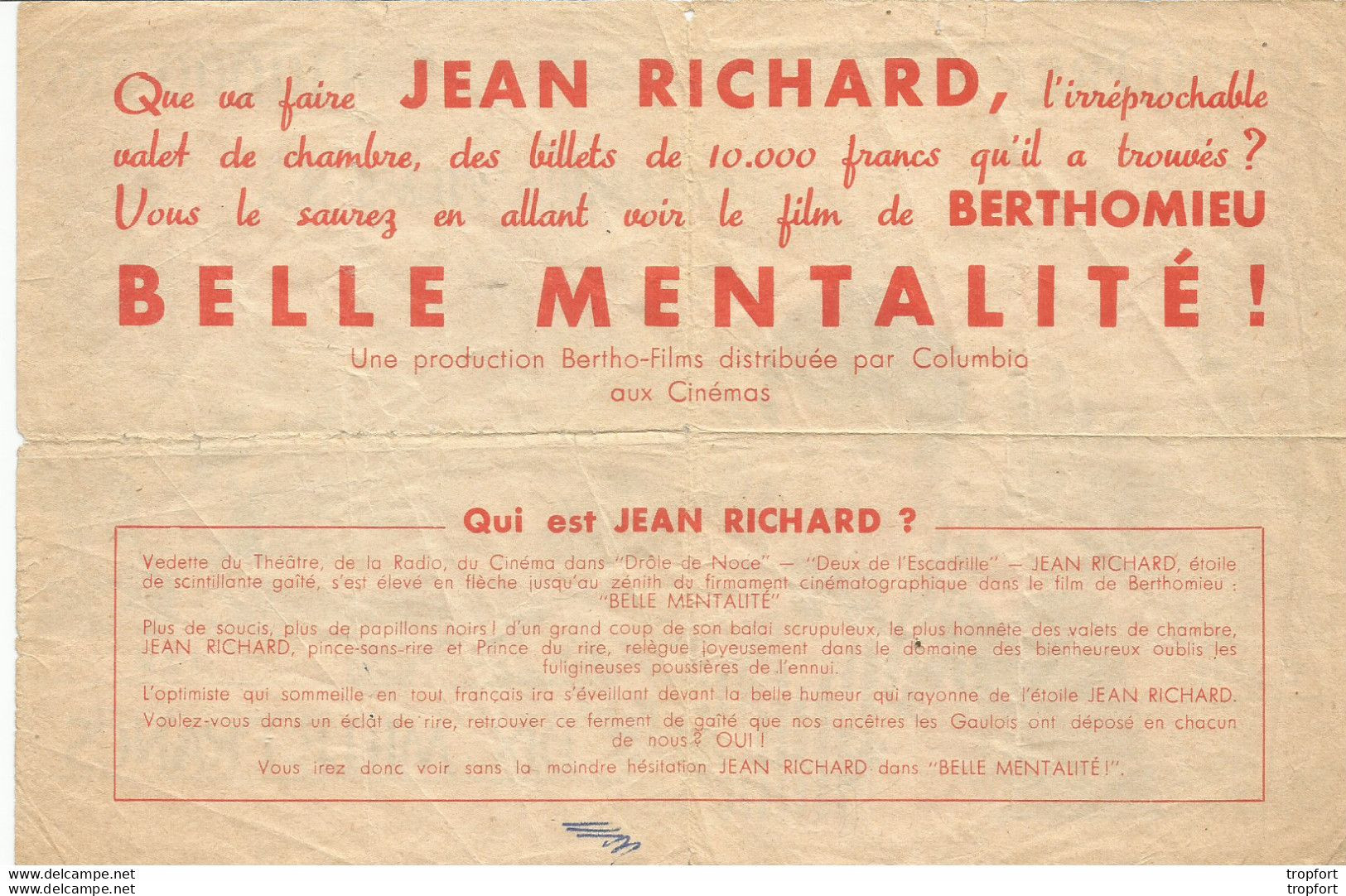 TB / Programme AFFICHETTE Billet Banque CINEMA Jean RICHARD COLUMBIA FILM Belle Mentalité DIX MILLE FRANCS - Programmes