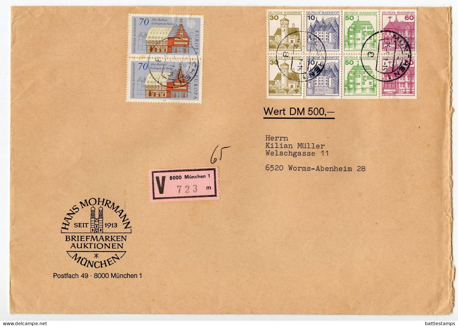 Germany, West 1981 Insured V-Label Cover; München To Worms-Abenheim; Booklet Pane & Europa / Esslingen Stamps - Briefe U. Dokumente