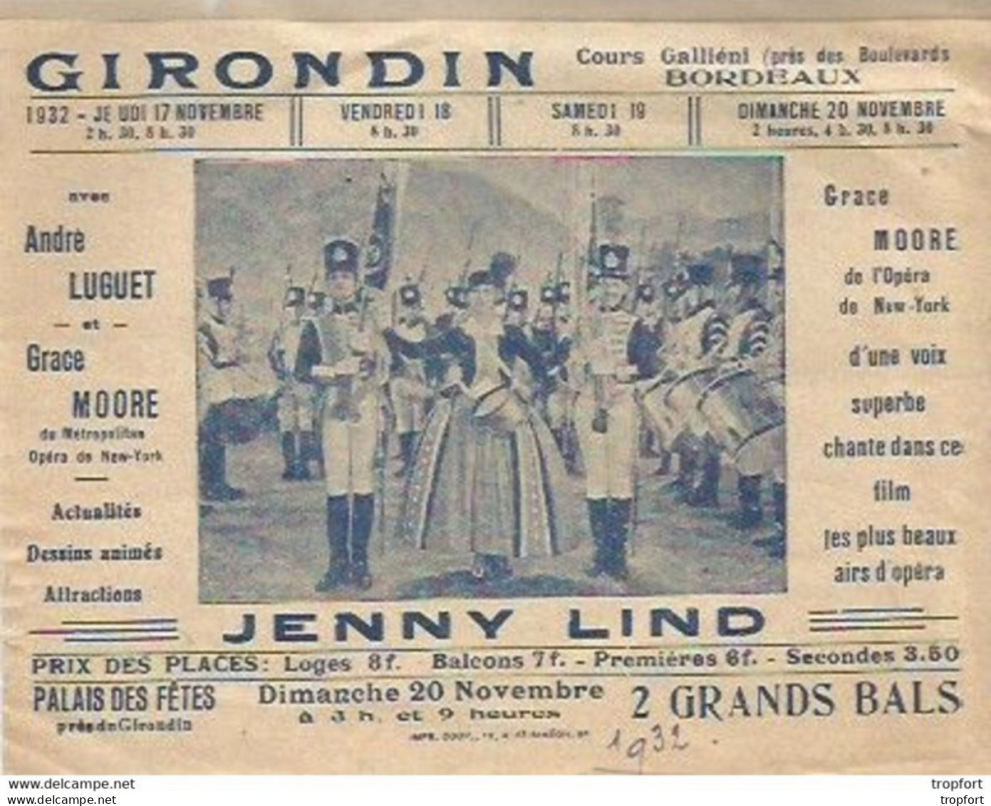 CA / Vintage / Programme CINEMA GIRONDIN Bordeaux JENNY LIND 1932 Grace MOORE - Programs