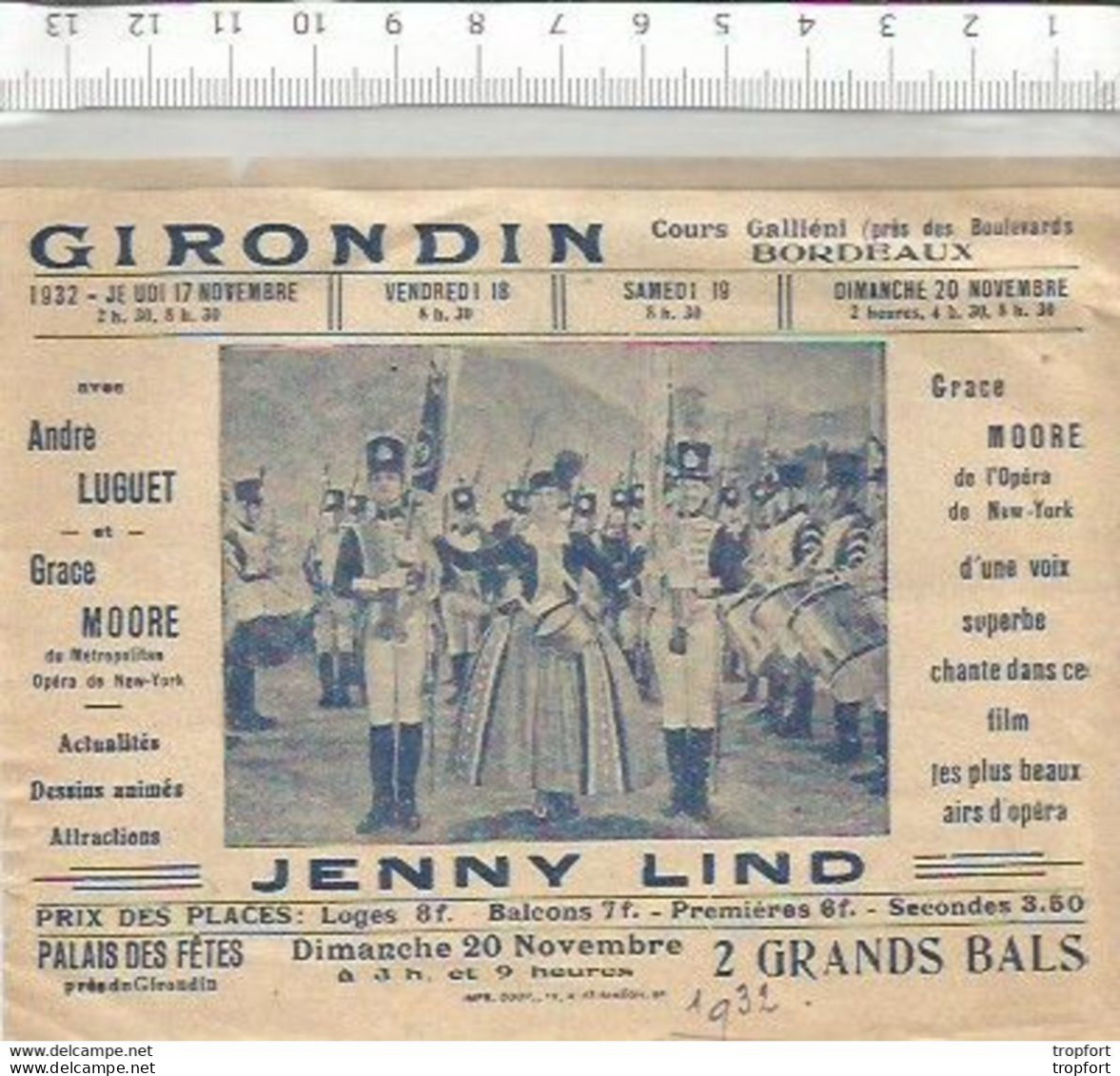 CA / Vintage / Programme CINEMA GIRONDIN Bordeaux JENNY LIND 1932 Grace MOORE - Programmes