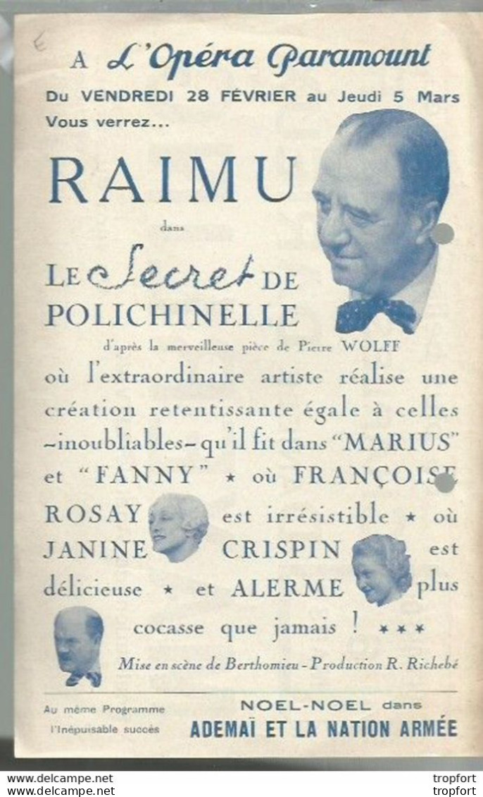 Bb // Vintage // Old French Movie Program / Programme Cinema RAIMU Secret Polichinelle / MAYERLING Daniele DARIEUX - Programas