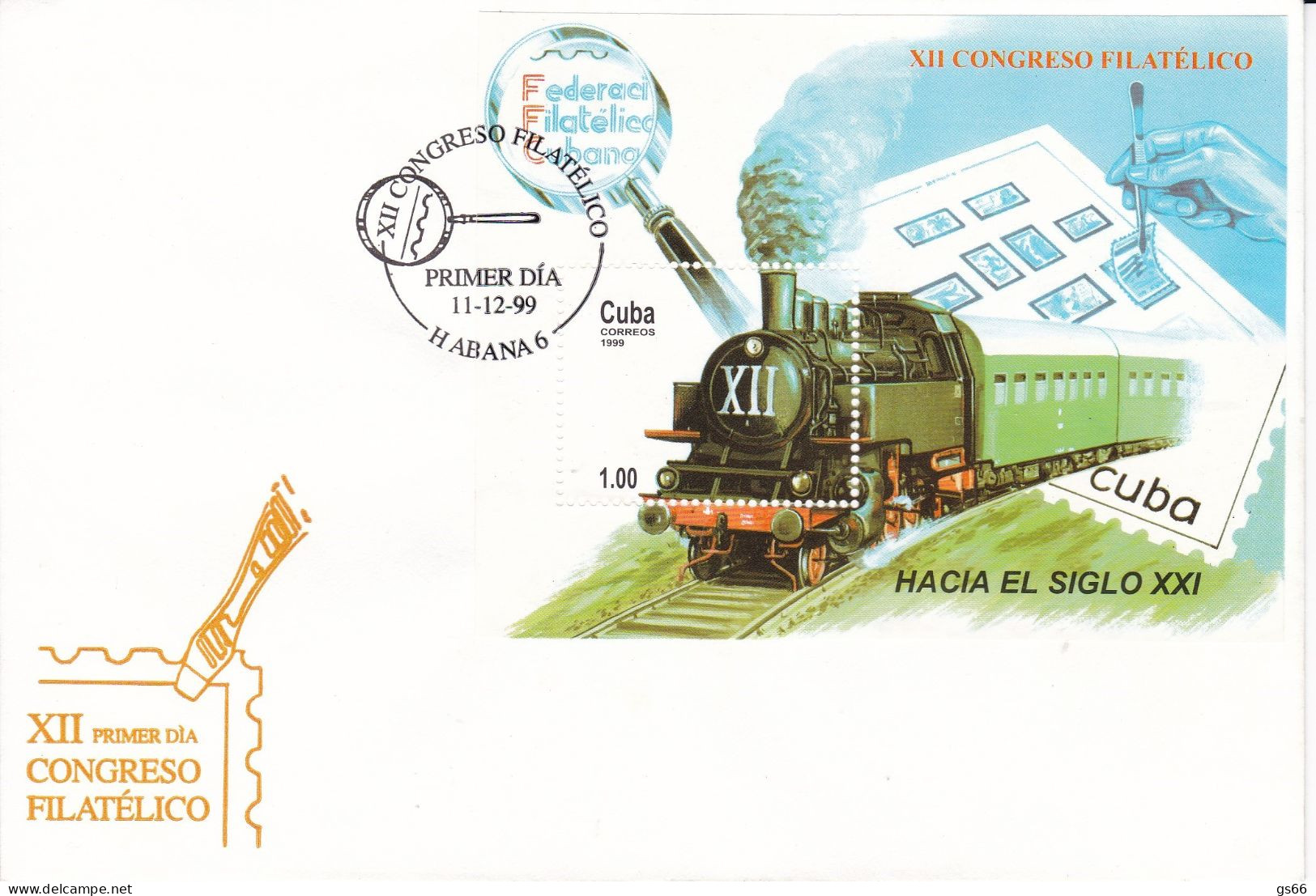 Kuba, 1999, 4250 Block 157,  FDC,  12. Kongress Des Kubanischen Philatelistenverbandes,  Dampflokomotive - Storia Postale
