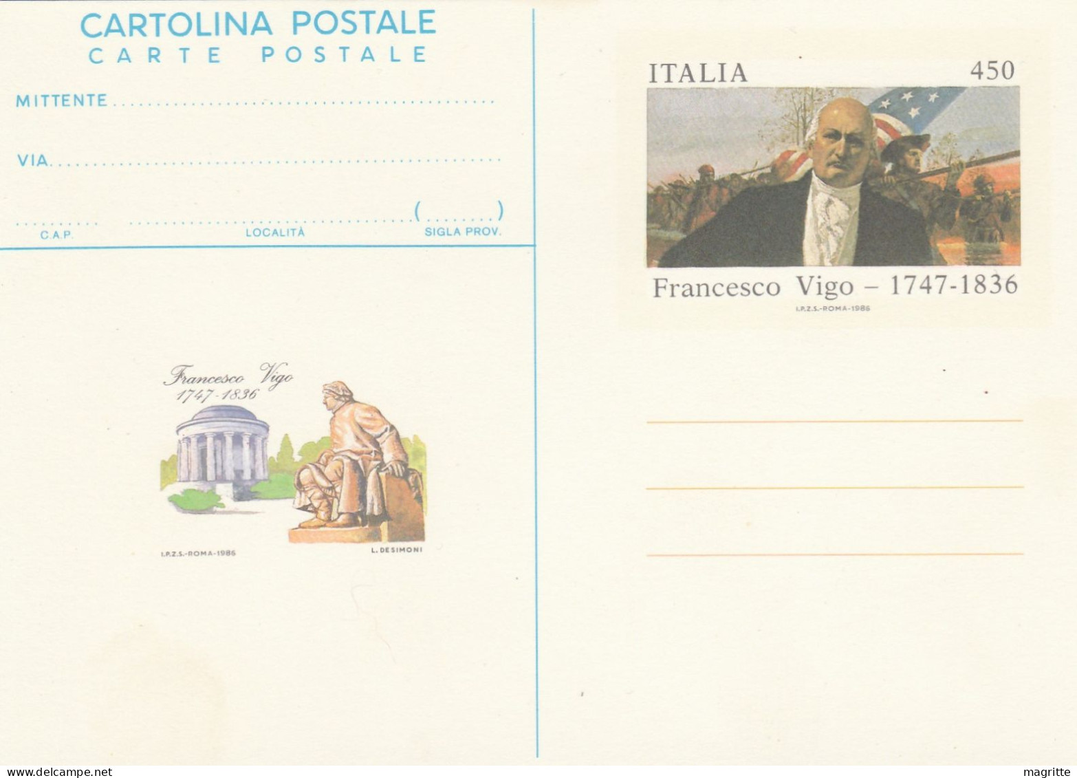 Italie 1986 Entier Francesco Vigo Vincennnes Emission Commune Etats Unis Italy Stationnery Joint Issue USA Postal Card - Gemeinschaftsausgaben