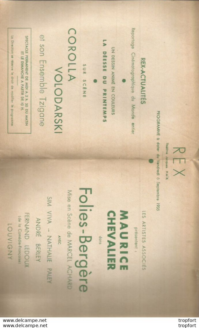 FEUILLET Programme CINEMA Ancien REX Maurice Chevalier FOLIES BERGERES VOLODARSKY - Programs