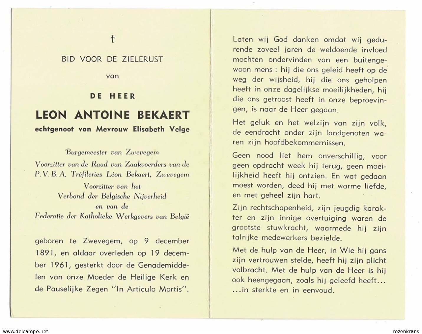 Leon Bekaert Burgemeester Zwevegem Industrieel Zaakvoerder Trefileries Bidprentje Doodsprentje - Obituary Notices
