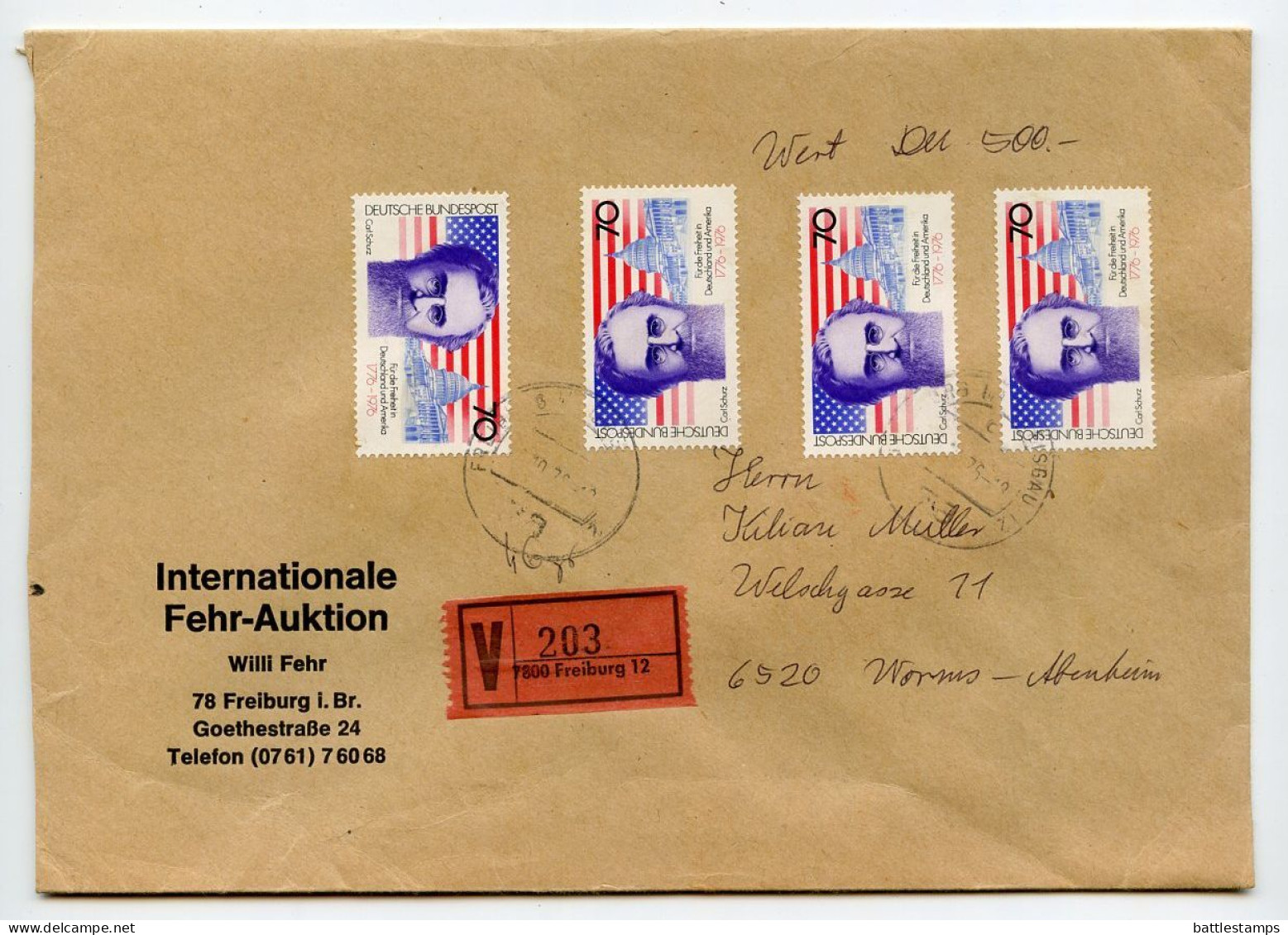 Germany, West 1976 Insured V-Label Cover; Freiburg To Worms-Abenheim; 70pf. American Bicentennial / Carl Schurz Stamps - Cartas & Documentos