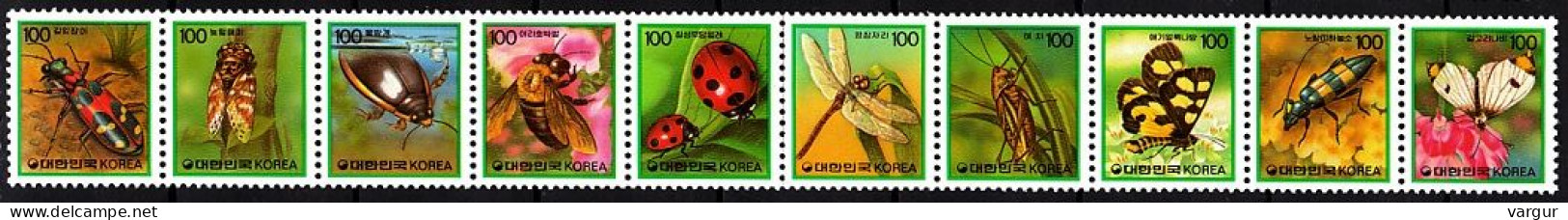 KOREA SOUTH 1991 Definitive: FAUNA Insects. Bees Bugs Butterflies Etc. Strip Of 10v , MNH - Butterflies