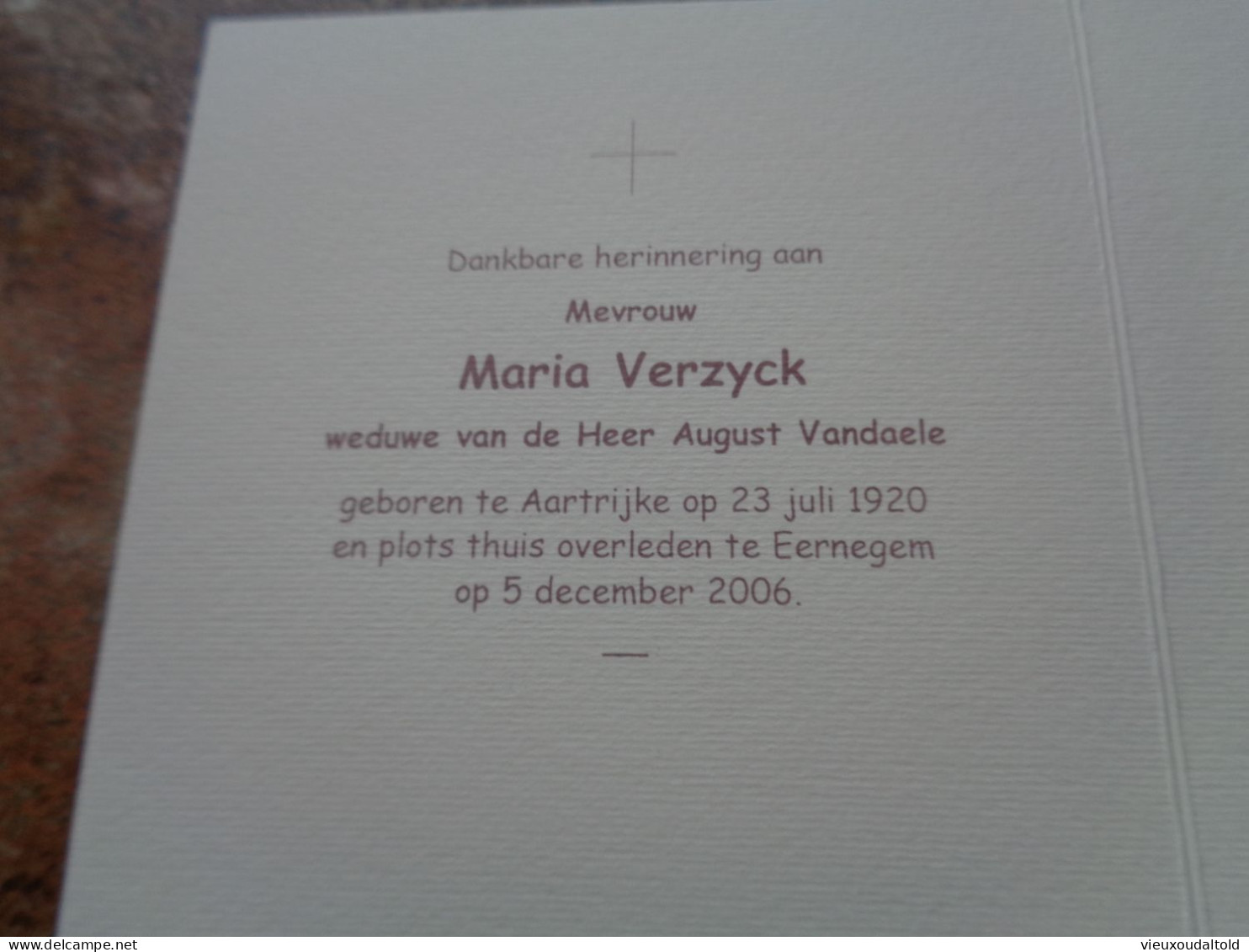 Doodsprentje/Bidprentje  Maria Verzyck   Aartrijke 1920-2006 Eernegem  (Wwe August Vandaele) - Religione & Esoterismo