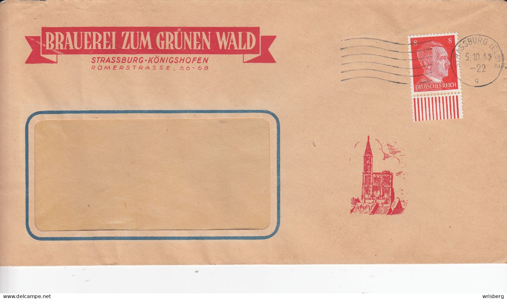 ENV. AFFR. MICHEL 786  OBL. STRASSBURG (ELS)2 Du 5.101942  (BRAUEREI ZUM GRÜNEN WALD) - Cartas & Documentos