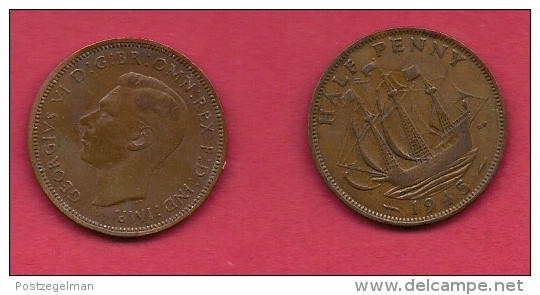 UK, 1945, Very Fine Used Coin, 1/2 Penny, George VI, Bronze, KM 844, C2176 - C. 1/2 Penny