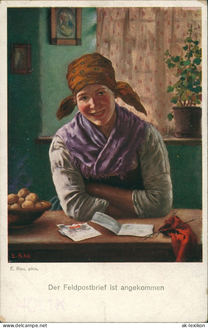 Künstlerkarte "Der Feldpostbrief" Künstler E. Rau Pinx. Art Postcard 1915 - Personajes