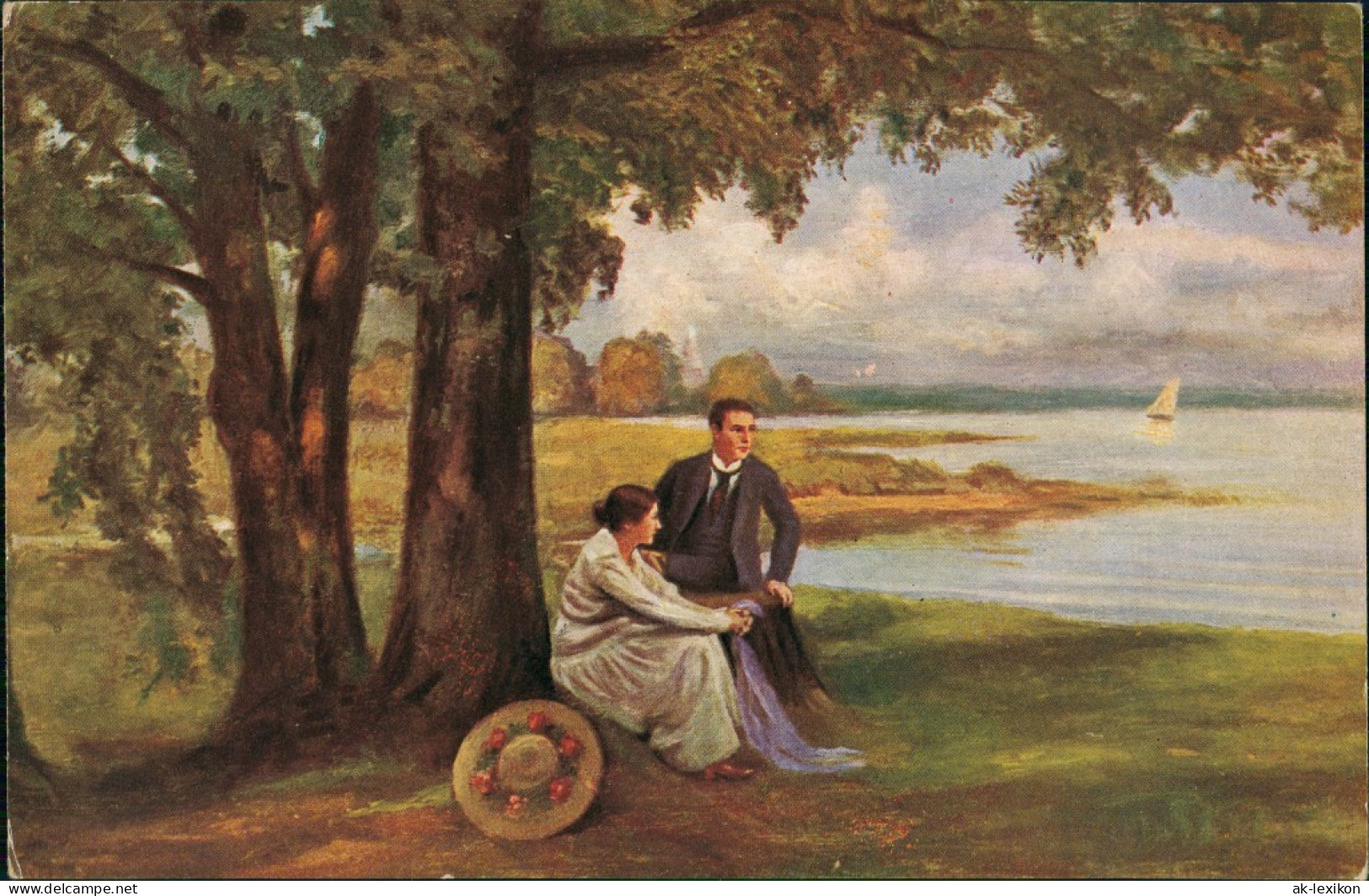 Ansichtskarte  Künstlerkarte "Rast Am See" Von P. Diest, Paar Am See 1910 - Coppie