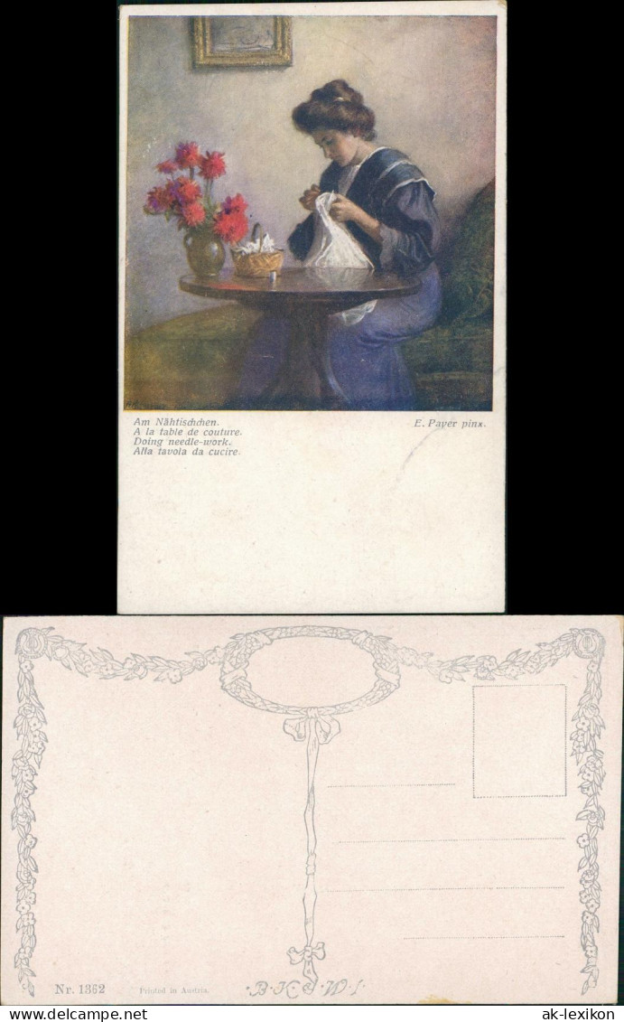 Künstlerkarte "Am Nähtisch" Künstler E. Payer, Art Postcard 1910 - Personen