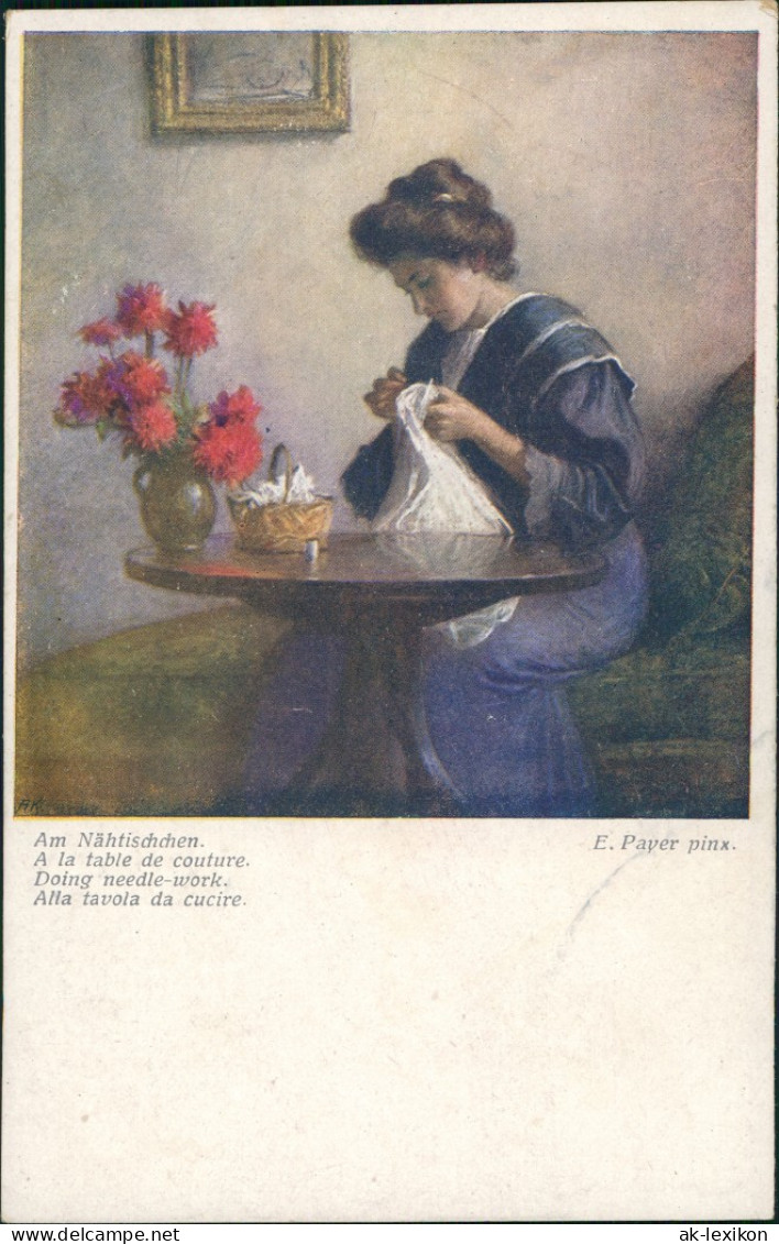 Künstlerkarte "Am Nähtisch" Künstler E. Payer, Art Postcard 1910 - Personajes