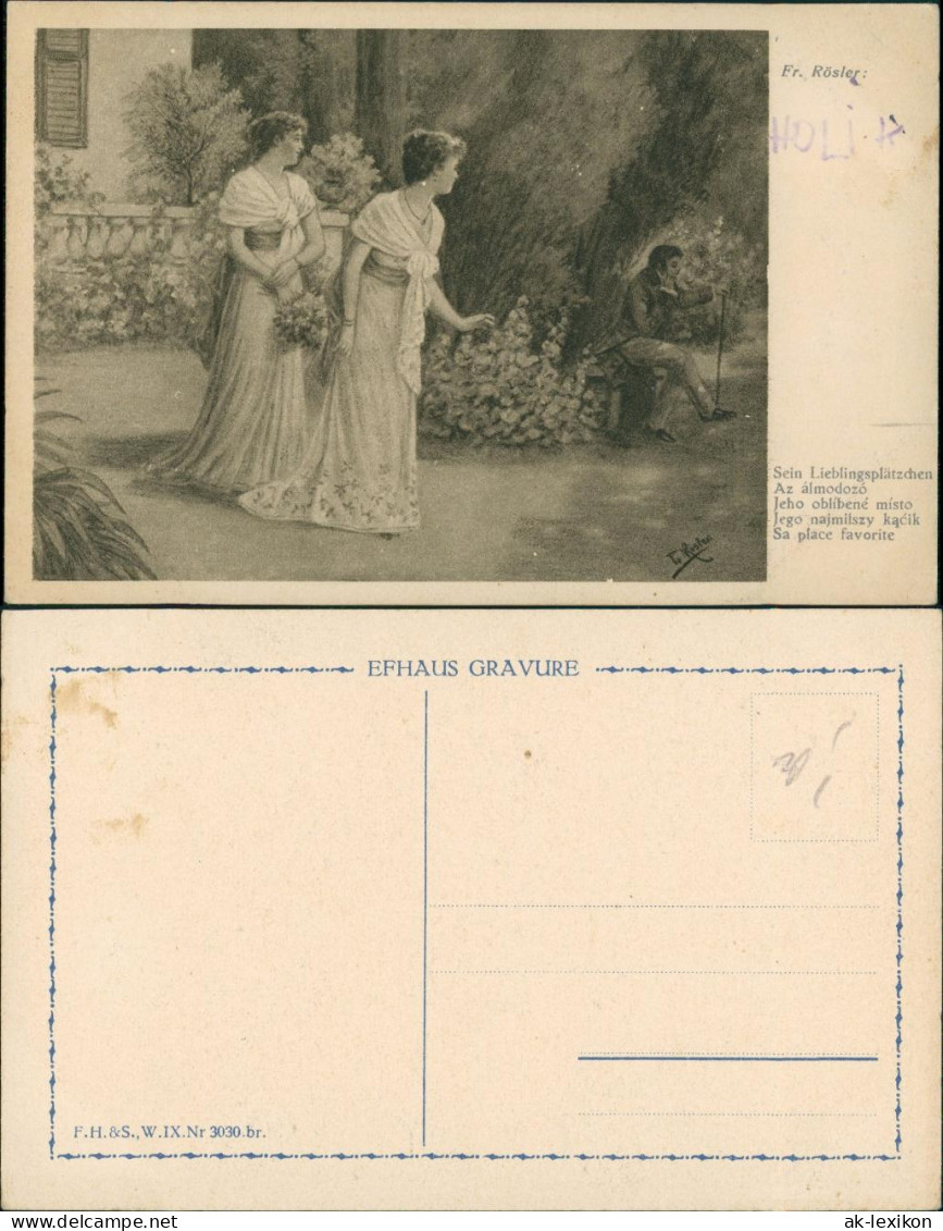 Künstlerkarte "Sein Lieblingsplätzchen" Künstler Fr. Rösler, Art Postcard 1910 - Personen