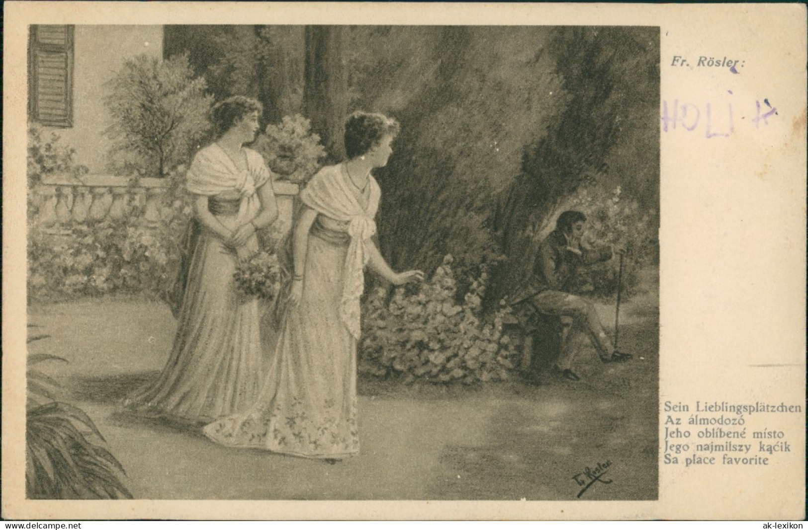 Künstlerkarte "Sein Lieblingsplätzchen" Künstler Fr. Rösler, Art Postcard 1910 - Personnages