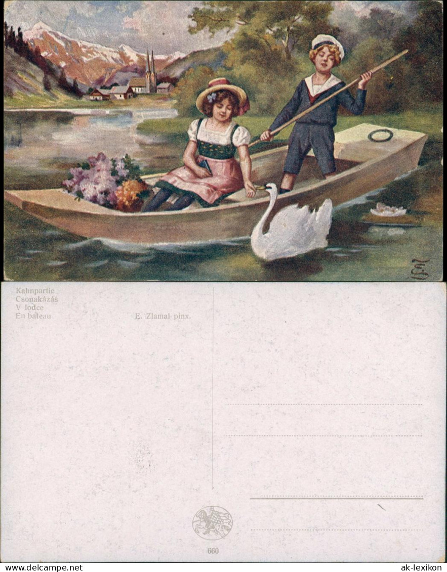Ansichtskarte  Künstlerkarte "Kahnpartie" E. Zlamal, Kinder Im Ruderboot 1910 - Portraits