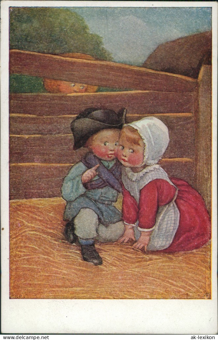 Ansichtskarte  Künstlerkarte Mädchen & Junge, Kinder Auf Strohboden 1920 - Portraits