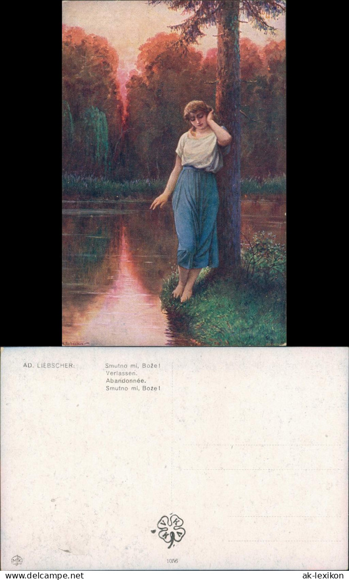 Künstlerkarte AD. Liebscher "Verlassen" Frau Traurig Am Baum 1920 - Personen