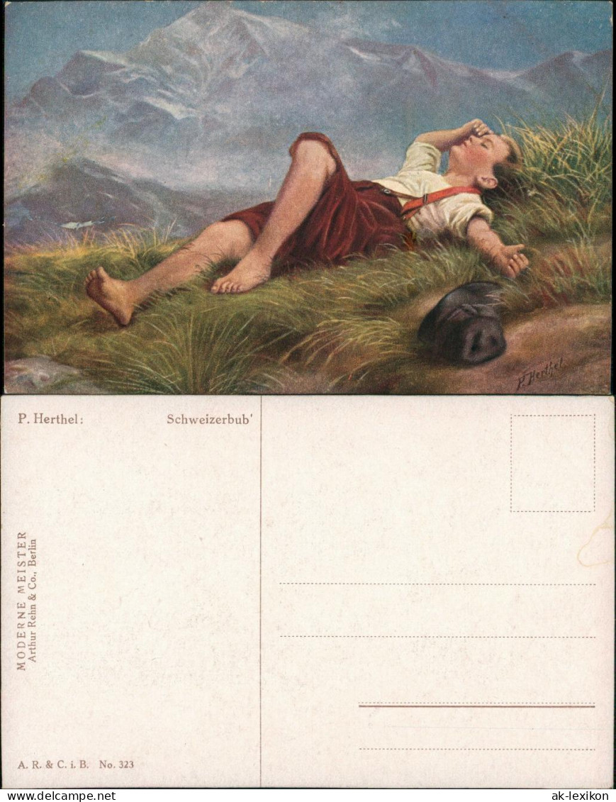 Signierte Künstlerkarte P. Herthel "Schweizerbub", Art Postcard 1910 - Paintings