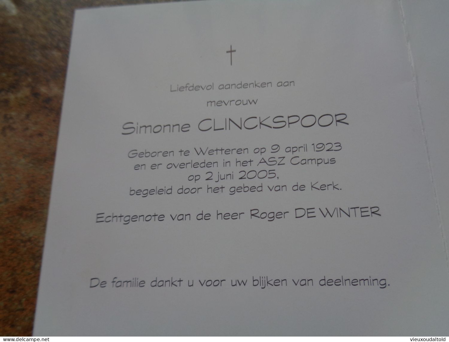 Doodsprentje/Bidprentje  Simonne CLINCKSPOOR   Wetteren 1923-2005  (Echtg Roger DEWINTER) - Religion &  Esoterik