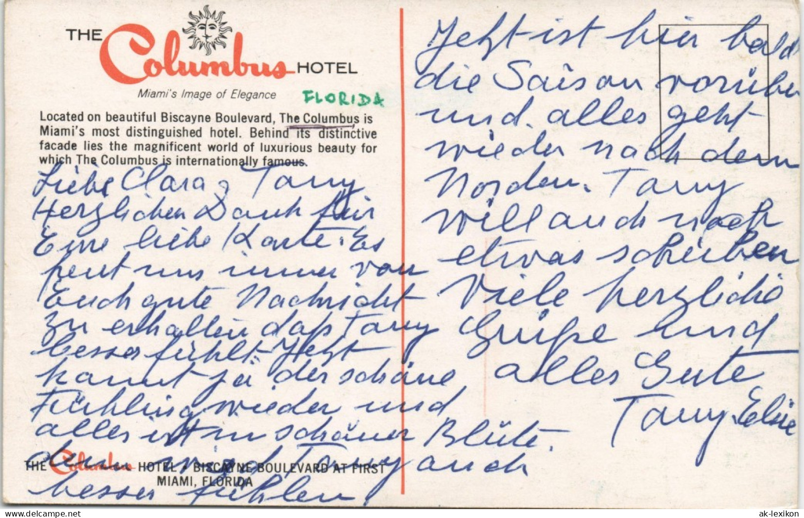 Postcard Miami Columbus Hotel Florida USA 1960 - Andere & Zonder Classificatie