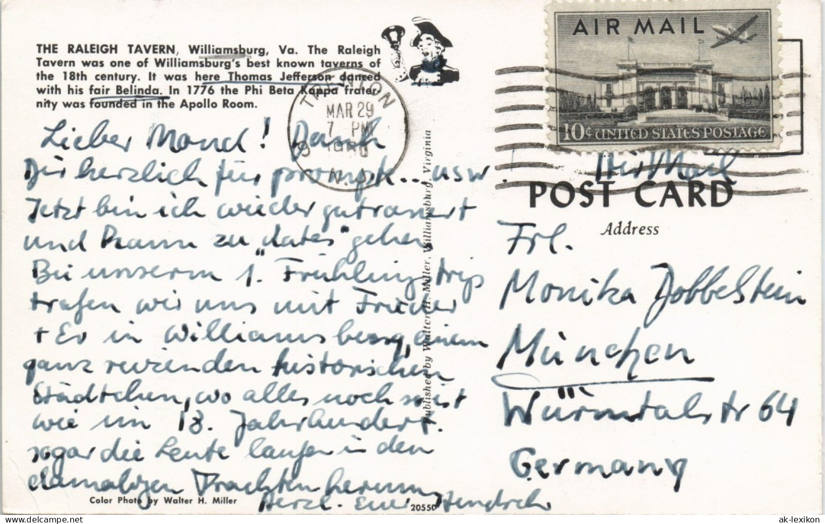 Postcard Williamsburg (VA) THE RALEIGH TAVERN, Virginia USA 1960 - Other & Unclassified
