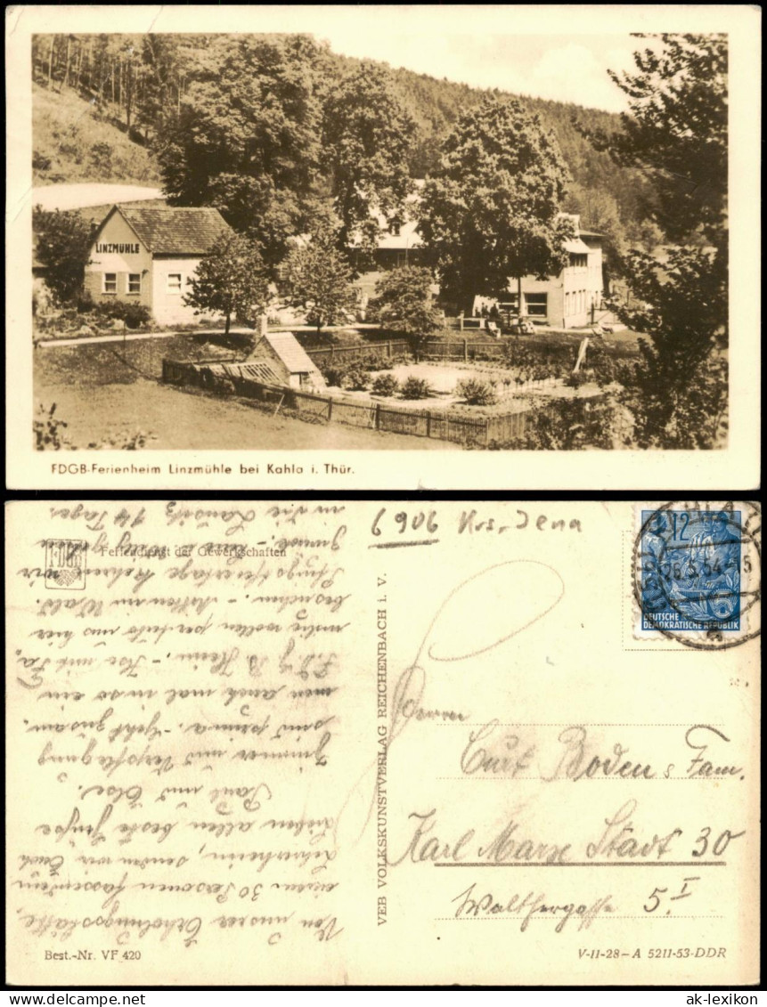 Ansichtskarte Kahla (Thüringen) FDGB.Ferienheim Linzmühle 1953 - Kahla