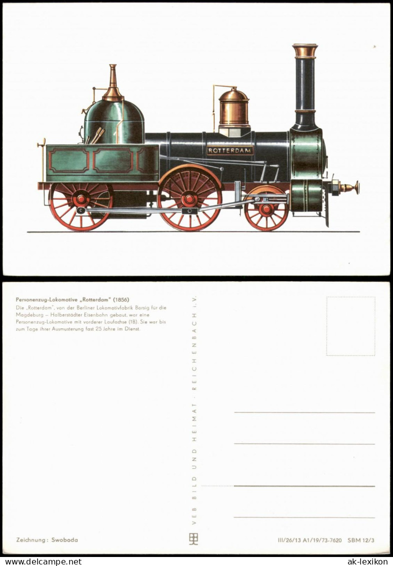 Ansichtskarte  Personenzug-Lokomotive Rotterdam (1856) Zeichnung Swoboda 1973 - Treni