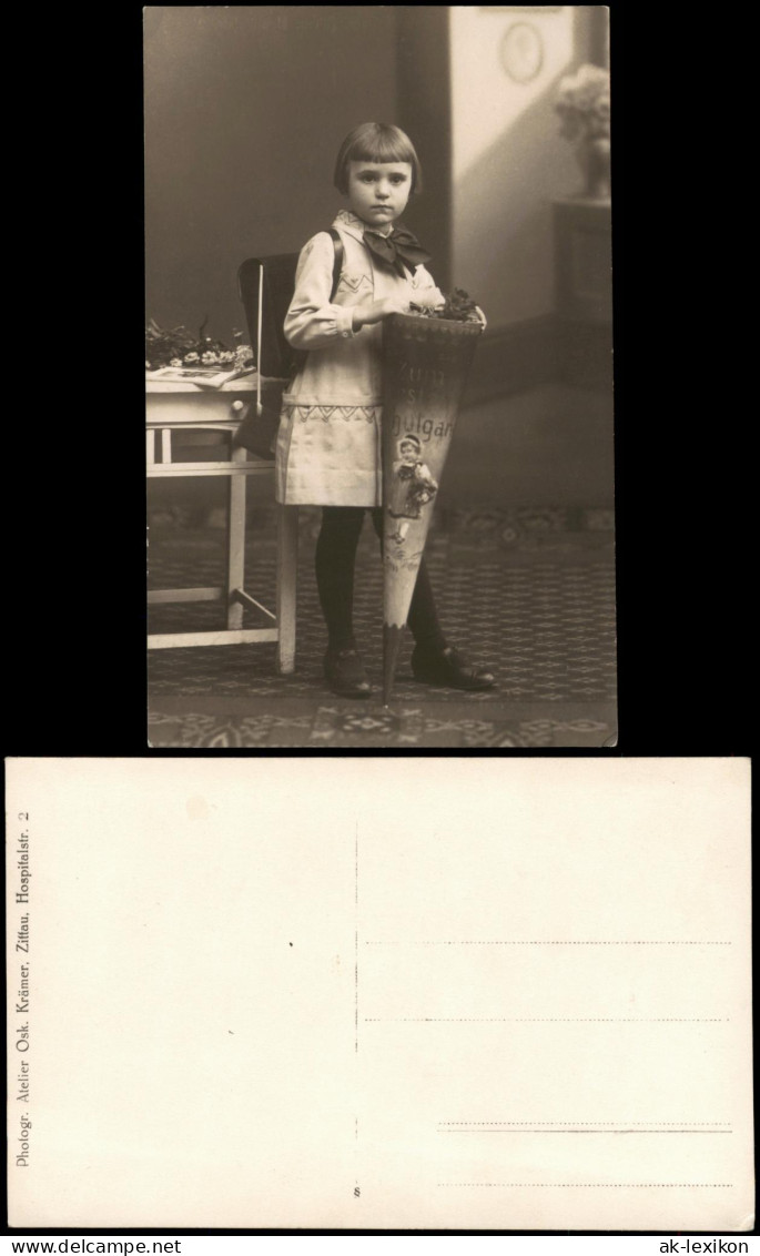 Glückwunsch Schulanfang Einschulung Kind Mit Zuckertüte 1920 Privatfoto - Retratos