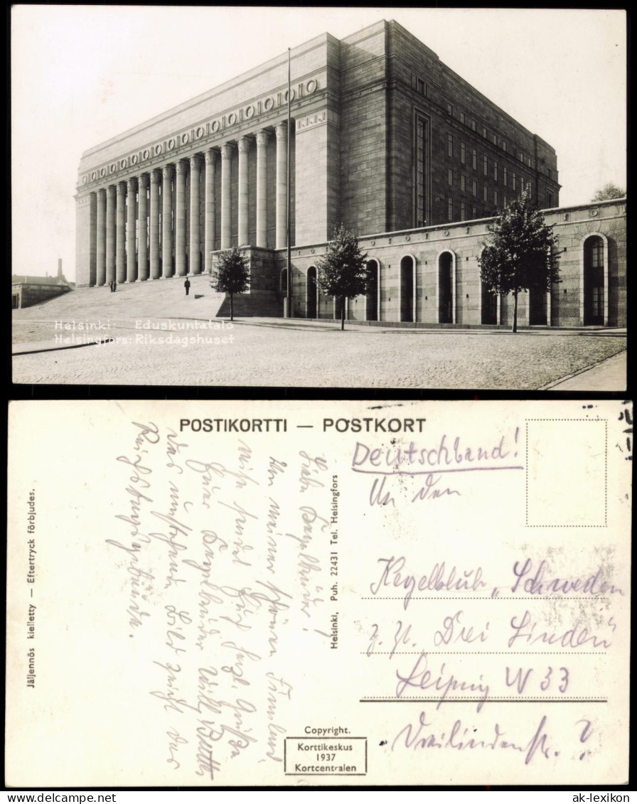 Postcard Helsinki Helsingfors Riksdagshuset, Foto-Postcard 1937 - Finnland