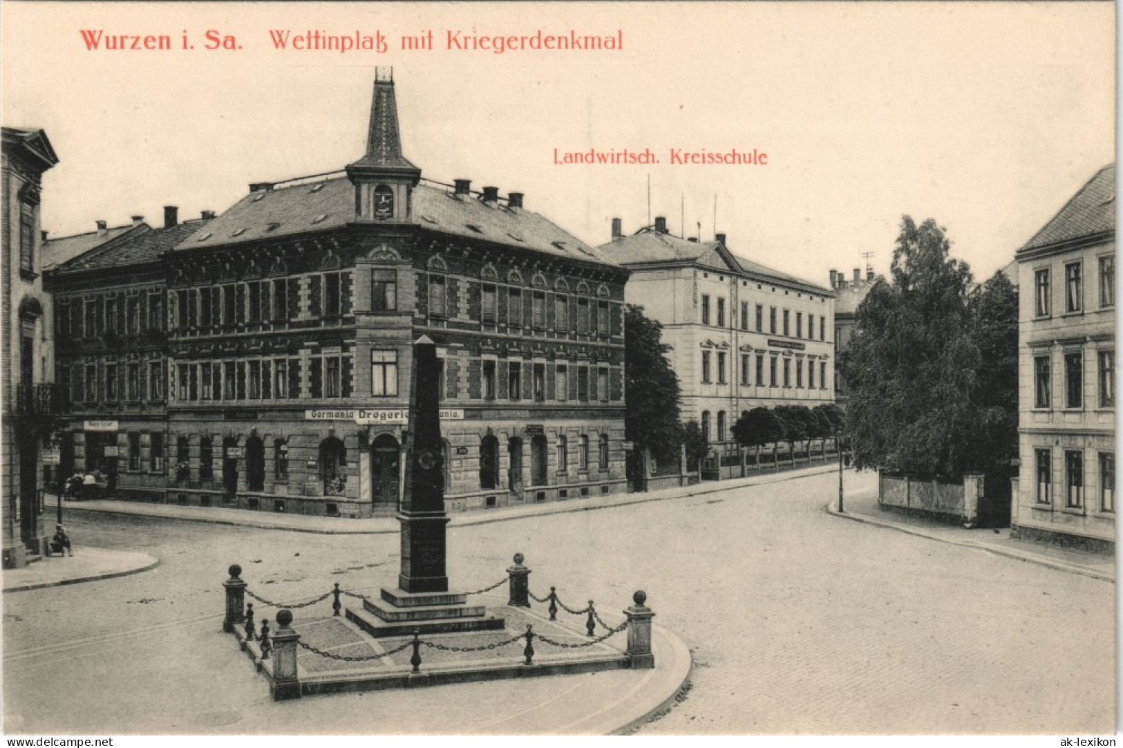 Ansichtskarte Wurzen Wettinplatz, Drogerie, Kreisschule 1913 - Wurzen