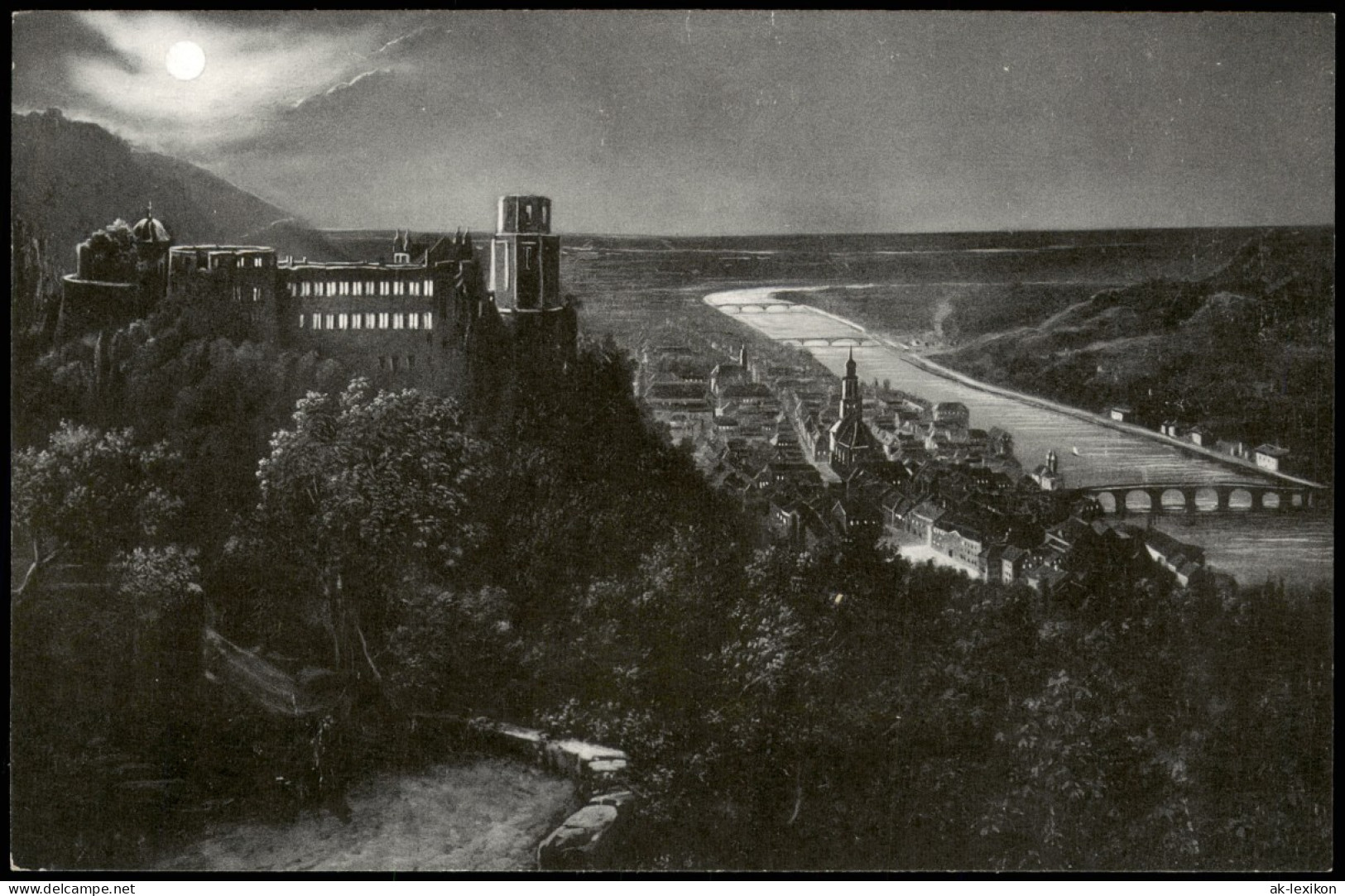 Heidelberg Panorama Vom Wolfsbrunnenweg Gesehen Bei Mondenschein 1930 - Heidelberg