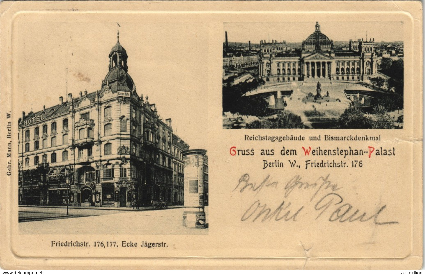Ansichtskarte Mitte-Berlin Friedrichstraße Weihenstephan-Palast 1908 - Mitte