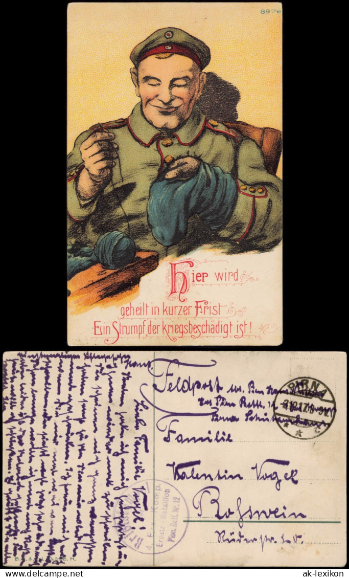 Ansichtskarte  Feldpostkarte 1. Weltkrieg (Soldat Beim Strumpf Nähen) 1917 - Guerre 1914-18