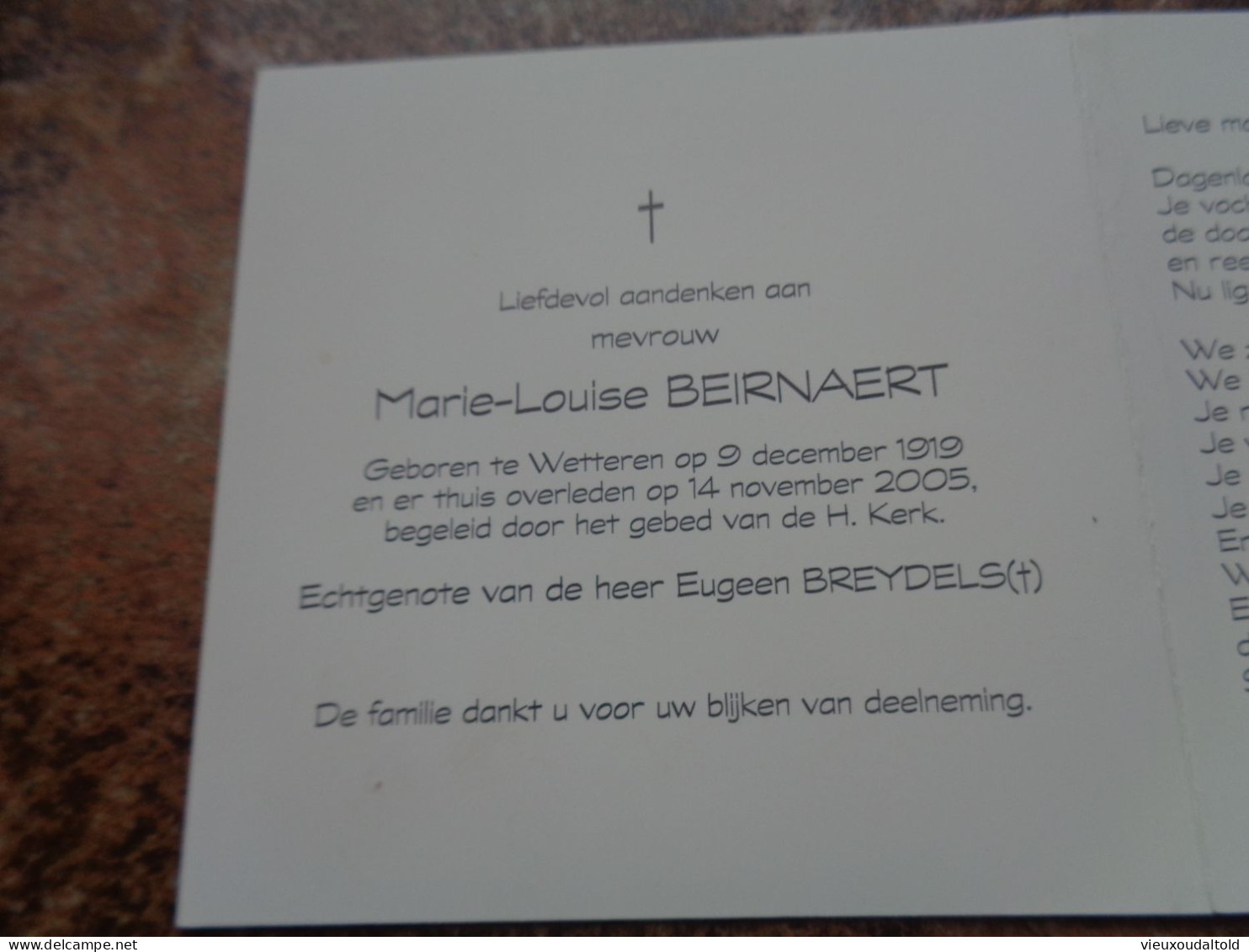 Doodsprentje/Bidprentje  Marie-Louise BEIRNAERT   Wetteren 1919-2005  (Wwe Eugeen BREYDELS) - Godsdienst & Esoterisme
