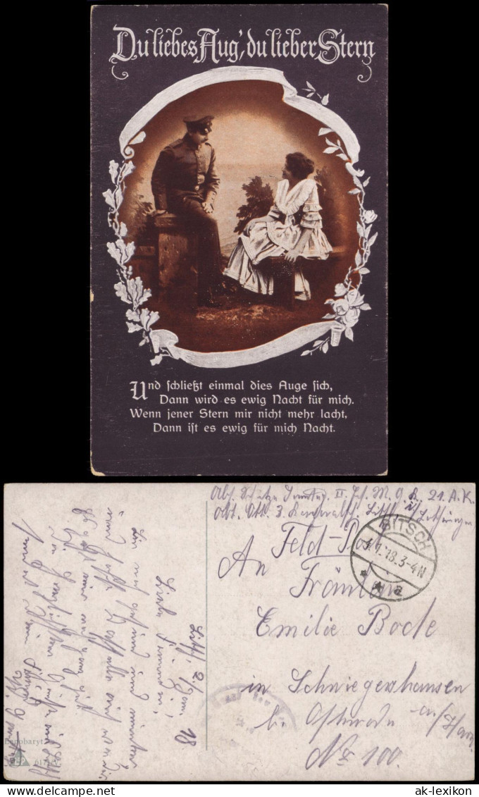 Feldpostkarte Frau Und Soldat 1. Weltkrieg 1918  Feldpost Gel Stempel BITSCH - Guerre 1914-18