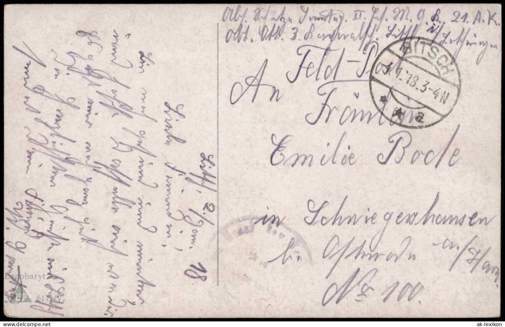 Feldpostkarte Frau Und Soldat 1. Weltkrieg 1918  Feldpost Gel Stempel BITSCH - Guerre 1914-18