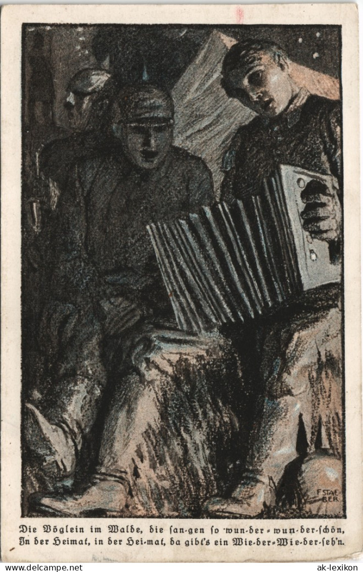 Ansichtskarte  Künstlerkarte Musizierende Soldaten Im Felde WK1 1914 - War 1914-18
