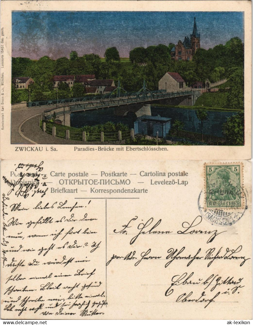 Zwickau Paradies - Brücke Mit Ebertschlösschen.Lunakarte 1909 Luna - Zwickau